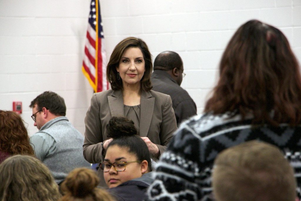 State Superintendent of Public Instruction Joy Hofmeister talks to attendees at a town hall in Muskogee on Monday, Dec. 12, 2016. Hofmeister said she would be undeterred by criminal charges against her as she fights for increases in school funding. DYLAN GOFORTH/The Frontier