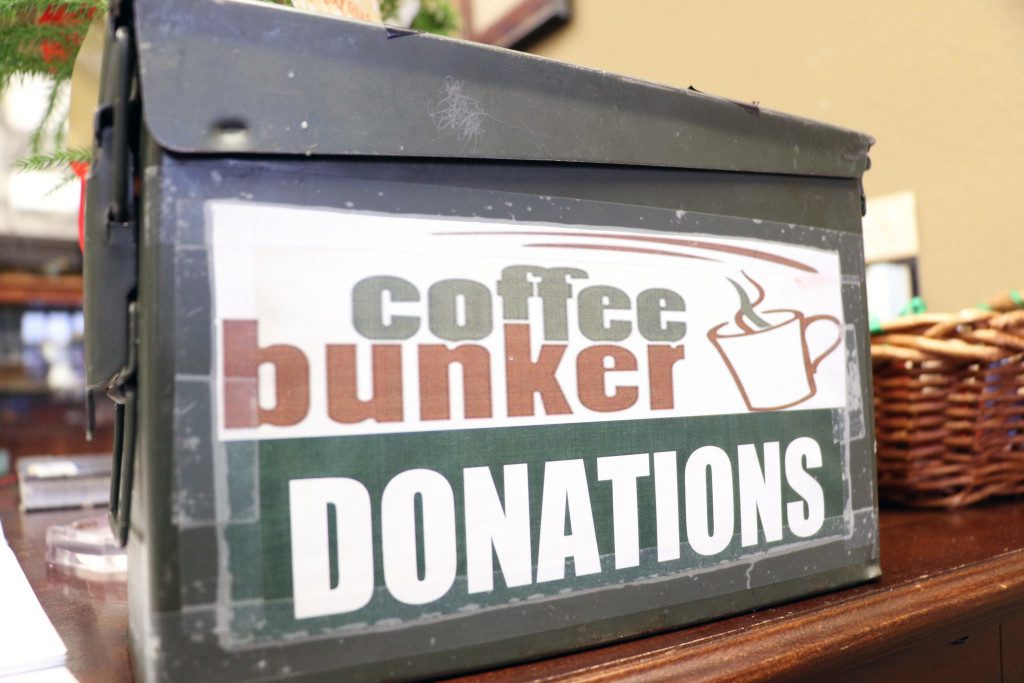 A donation tin at the Coffee Bunker, a nonprofit that serves local veterans. DYLAN GOFORTH/The Frontier
