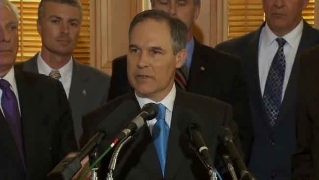 Attorney General Scott Pruitt talks about his lawsuit against the EPA seeking documents. The lawsuit was dismissed by a judge as overly broad. Photo courtesy of News9